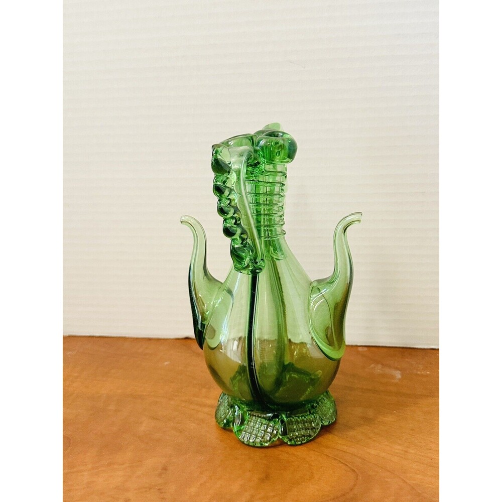 Double Cruet, Emerald Blown-spun oil/vinegar Glass, Primitive, Catalonia